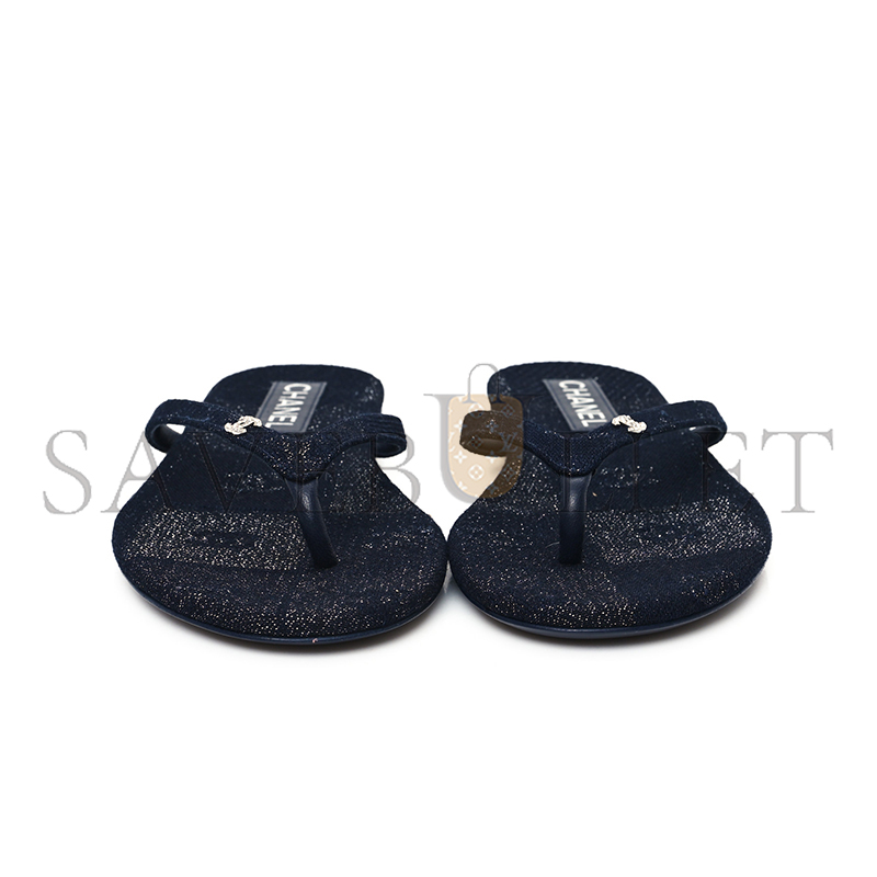 CHANEL COTTON SILK CRYSTAL CC THONG SANDALS DARK BLUE SILVER 362268